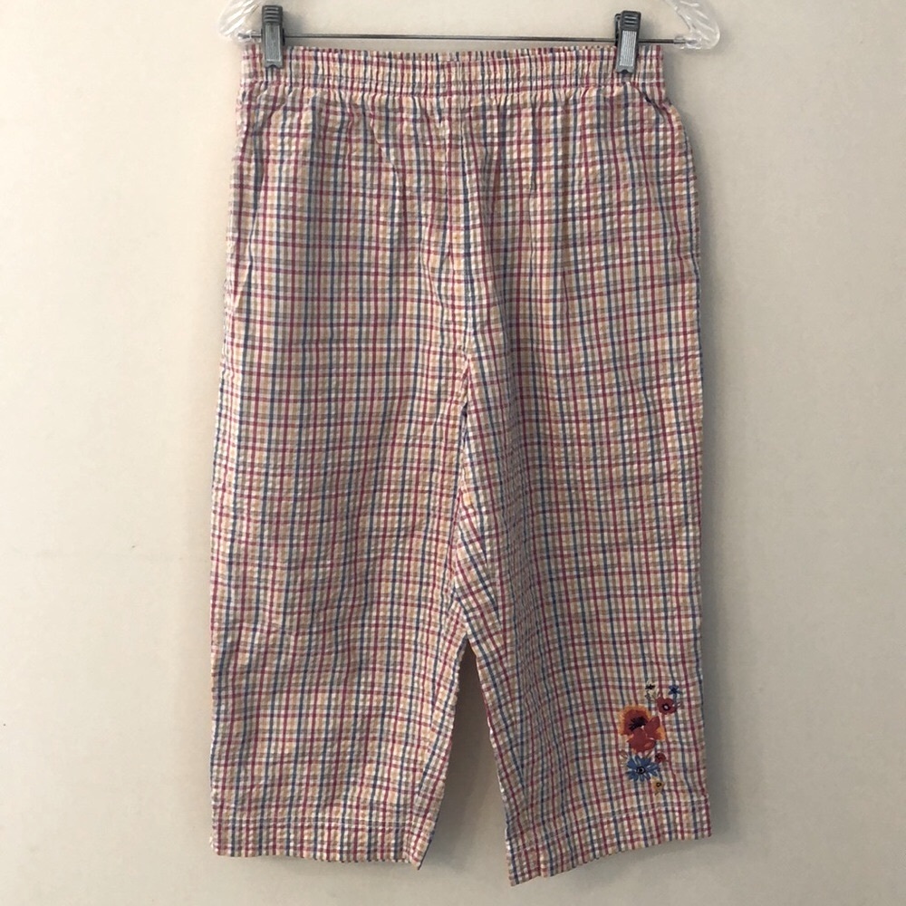 Koret Petite Plaid floral embroidered cropped pants Red, Blue, Yellow white PS